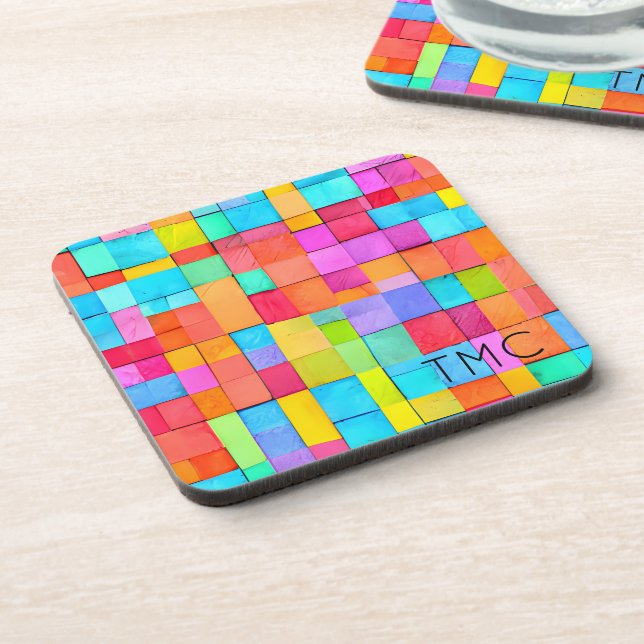 Abstract Art Colourful Monogram INITIALS Modern Fu Coaster (Left Side)