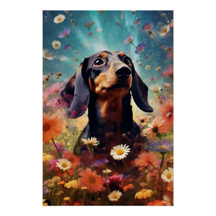 Abstract Art Dachshund With Flowers Poster