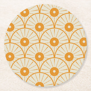 Abstract Art Deco Sun Pattern Orange Round Paper Coaster