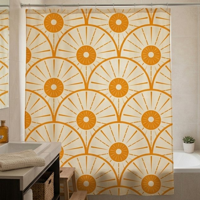 Abstract Art Deco Sun Pattern Orange Shower Curtain (Art Deco Orange Sun Shower Curtain )