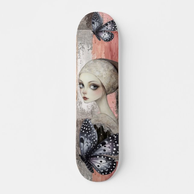 Abstract Art Distressed Grunge Girl Mixed Media Skateboard (Front)
