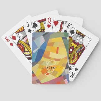 Abstract Art, Gold Monogram, Black Script Name Playing Cards