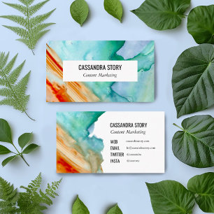 Abstract art hand painted business card teal red