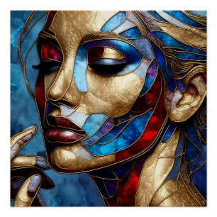 Abstract art in stained glass of a woman's face poster