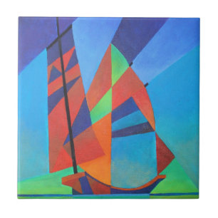 Abstract Art Junk Boat Against Deep Blue Sky Tile