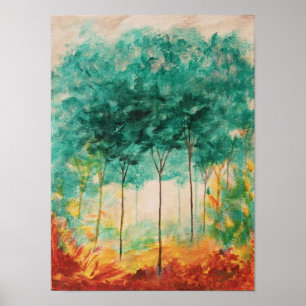 Abstract Art Landscape Trees Painting, Teal, Gold Poster