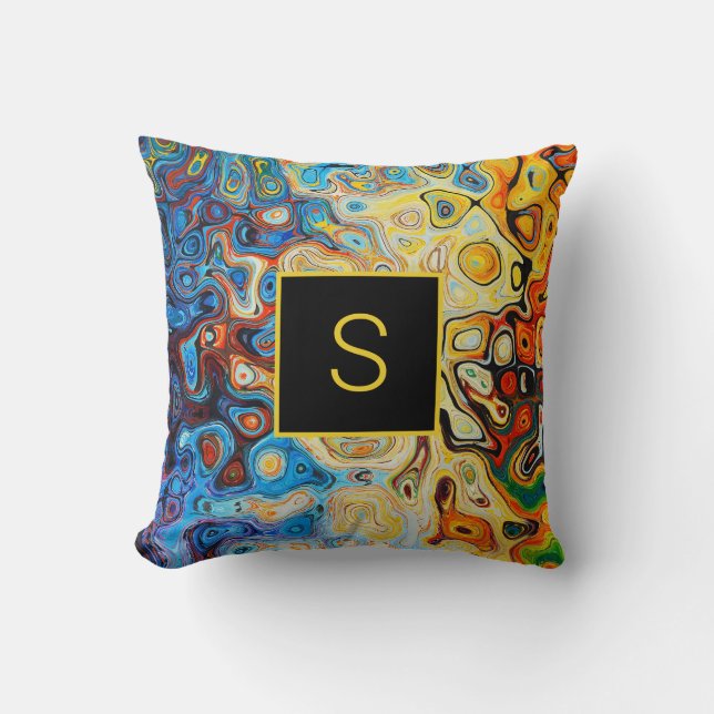 Abstract Art Modern Monogram Yellow Orange Blue Cushion (Front)