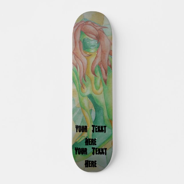 abstract art multicolored green posing lady retro skateboard (Front)