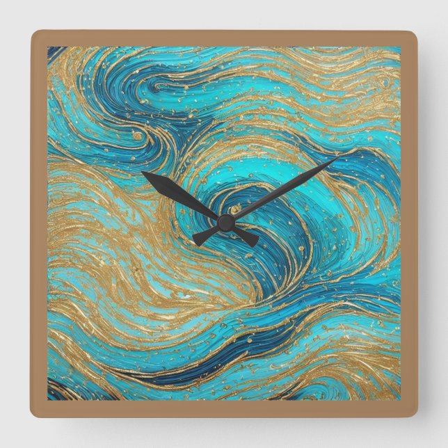 Abstract Art Paint Pour Aqua Blues Gold Wall Clock (Front)
