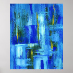 Abstract Art Painting Blue Green Gold Brushstrokes Poster