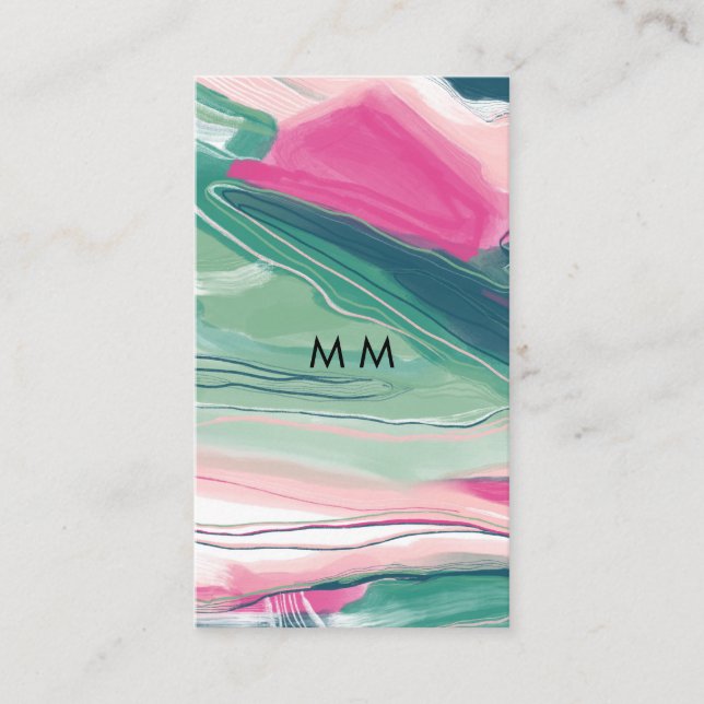 Abstract art painting business cards pink green (Front)