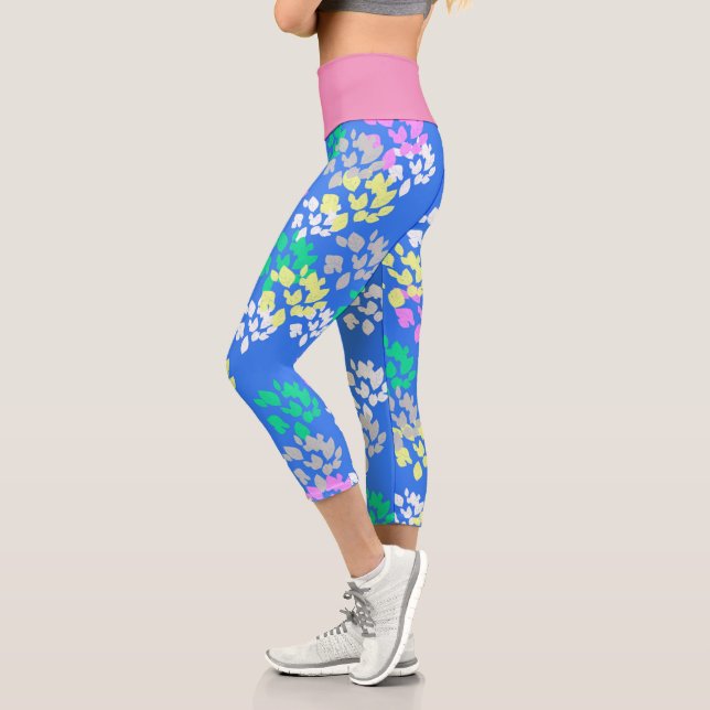 Abstract Art Pale Pastel Turquoise Blue Pink Capri Leggings (Left)