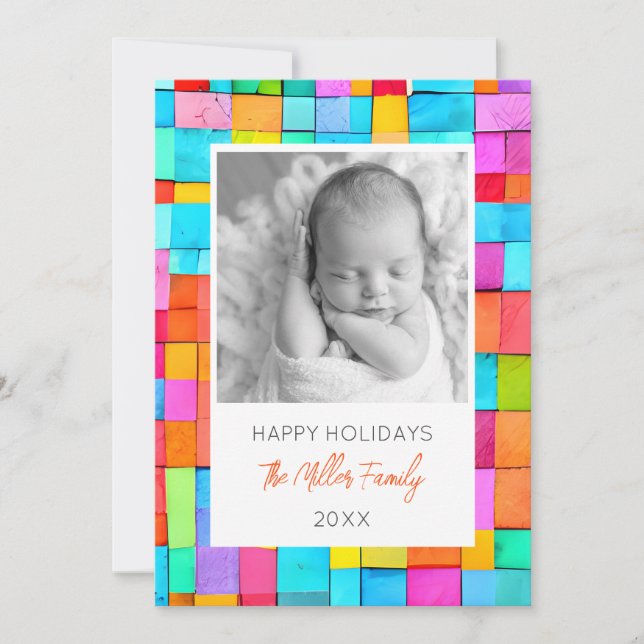 Abstract Art PHOTO Family NAME Colourful YEAR Baby Holiday Card (Front)