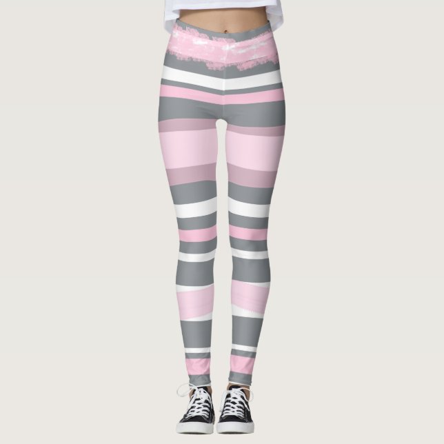 Abstract Art Pink Grey White Lines Leggings (Front)