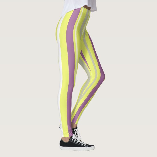 Abstract Art Purple Grey Yellow White Stripes Leggings (Right)