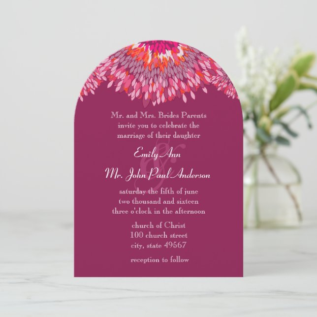 Abstract Art Red Raspberry Pink Floral Wedding Invitation (Standing Front)
