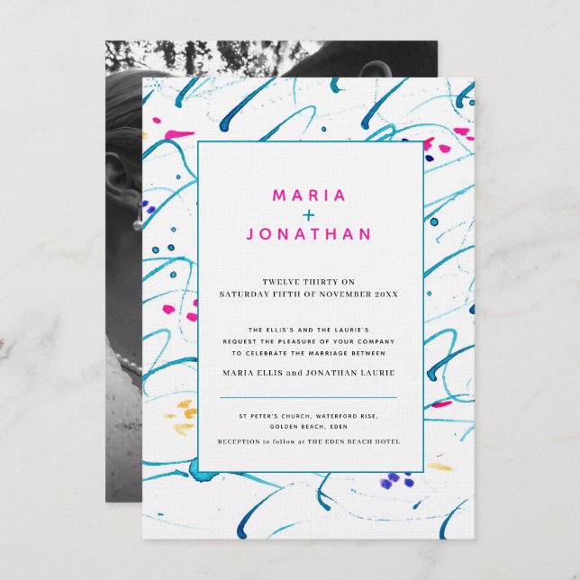 Abstract art tropical waves aqua pink wedding invitation (Front/Back)