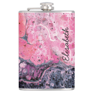 Abstract Art With Acrylic Paint Pour   Pink Black Hip Flask