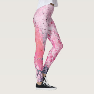 Abstract Art With Acrylic Paint Pour   Pink Black Leggings