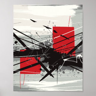 Abstract Art with Red Blocks & Black Strokes Poster