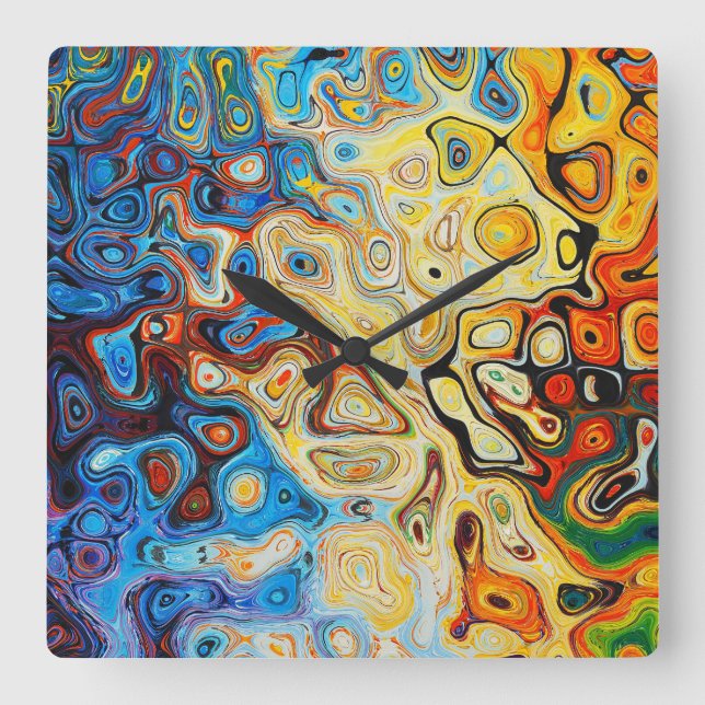 Abstract Art Yellow Orange Blue Swirls Square Wall Clock (Front)