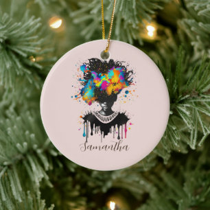 Abstract Artist Afro Woman Black and White Ceramic Tree Decoration