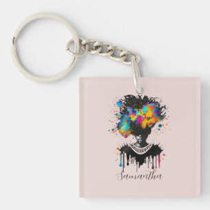 Abstract Artist Afro Woman   Black and White Key Ring
