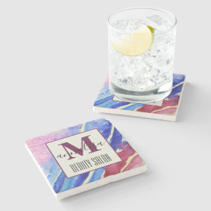 Abstract Artistic Blue Pink Beauty Salon Monogram Stone Coaster