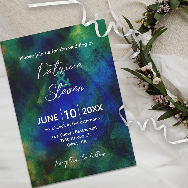Abstract Artistic Dark Blue Green Wedding Invitation (Creator Uploaded)