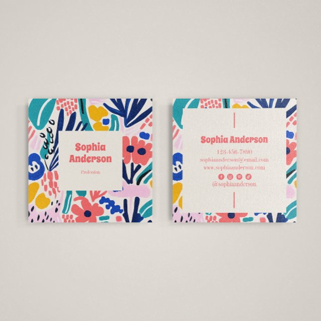 Abstract Artistic Floral - Trendy Colourful Square Square Business Card (Creator Uploaded)