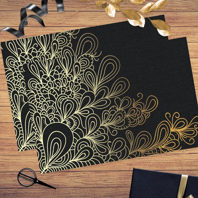 Abstract Artistic Gold Line Art Doodles on Black Tissue Paper (Creator Uploaded)