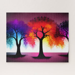 Abstract Autumn Colours with Black Silhouette Tree Jigsaw Puzzle