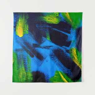 Abstract background. Acrylic black, yellow, blue, Tapestry