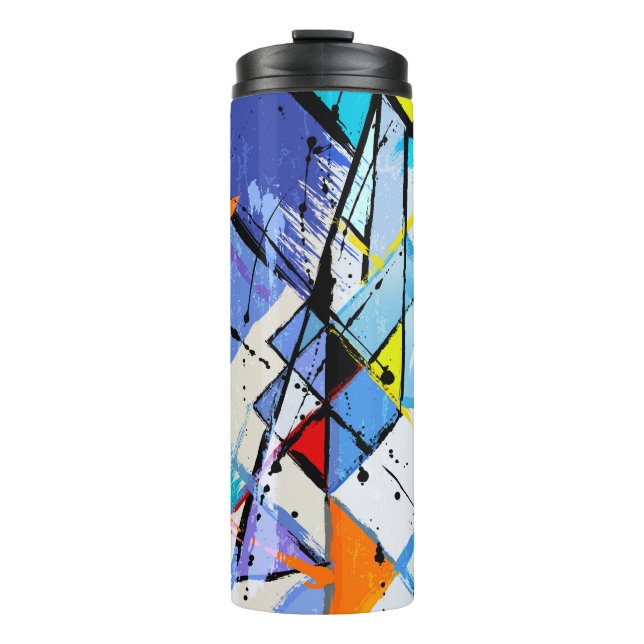 Abstract background, geometric lines, splashes. thermal tumbler (Front)