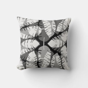 ABSTRACT BANANA LEAVES BLACK AND WHITE CUSHION