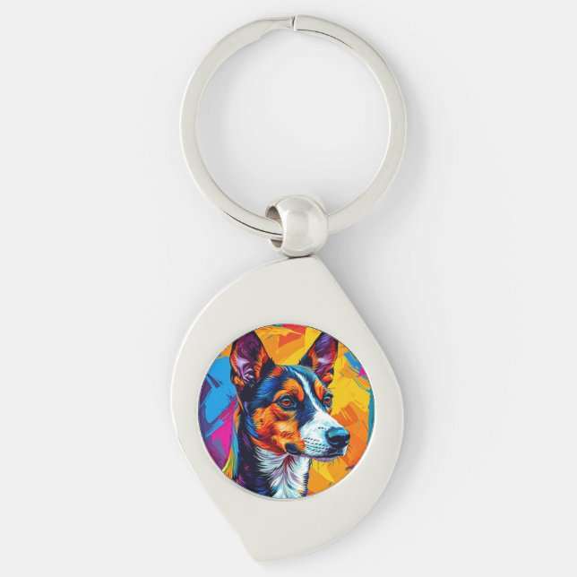 Abstract Basenji Dog Portrait Key Ring (Front)