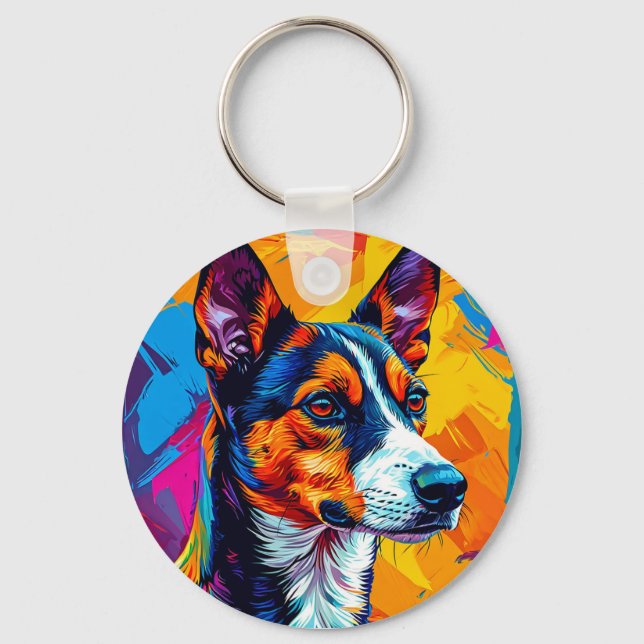 Abstract Basenji Dog Portrait Key Ring (Front)