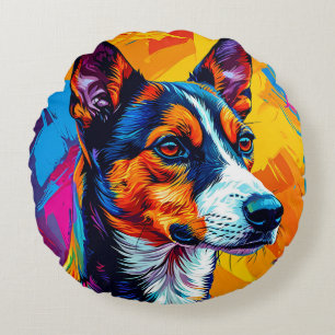 Abstract Basenji Dog Portrait Round Cushion