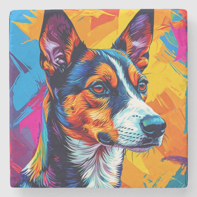 Abstract Basenji Dog Portrait Stone Coaster (Front)