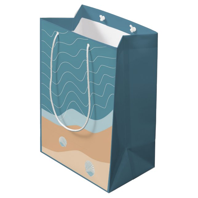 Abstract Beach Pattern Wave Lines Blue Sand Shells Medium Gift Bag (Back Angled)