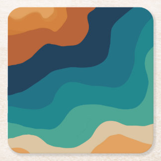 Abstract beach waves 70s style square paper coaster