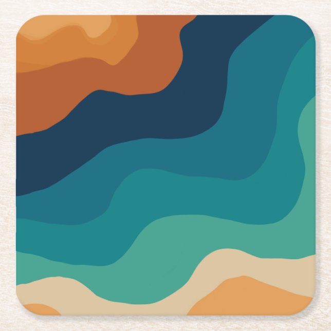 Abstract beach waves 70s style square paper coaster (Front)