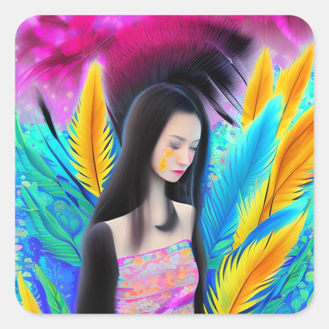 Abstract Beautiful but Sad Asian Girl Colourful AI Square Sticker (Front)