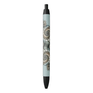 Abstract Beige Light Blue Fractal Art Spirals Black Ink Pen