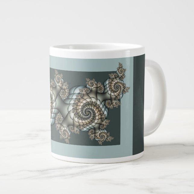 Abstract Beige Light Blue Fractal Art Spirals Large Coffee Mug (Front Right)