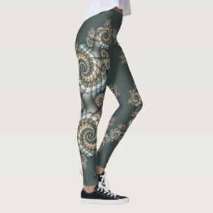 Abstract Beige Light Blue Fractal Art Spirals Leggings