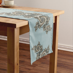 Abstract Beige Light Blue Fractal Art Spirals Medium Table Runner
