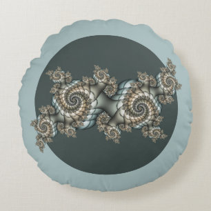 Abstract Beige Light Blue Fractal Art Spirals Round Cushion