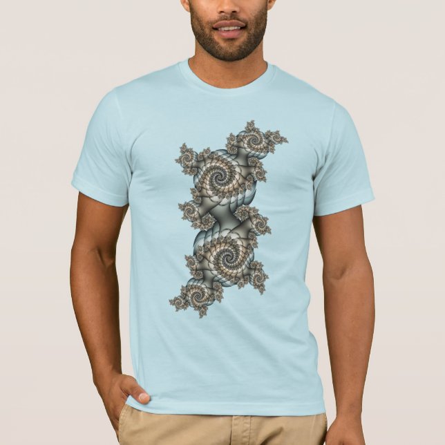Abstract Beige Light Blue Fractal Art Spirals T-Shirt (Front)