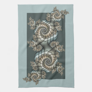 Abstract Beige Light Blue Fractal Art Spirals Tea Towel